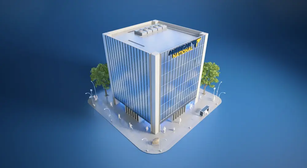3D model of American National Insurance Company (ANICO) headquarters with reflective glass facades and branded logo by Motion Giraffx.