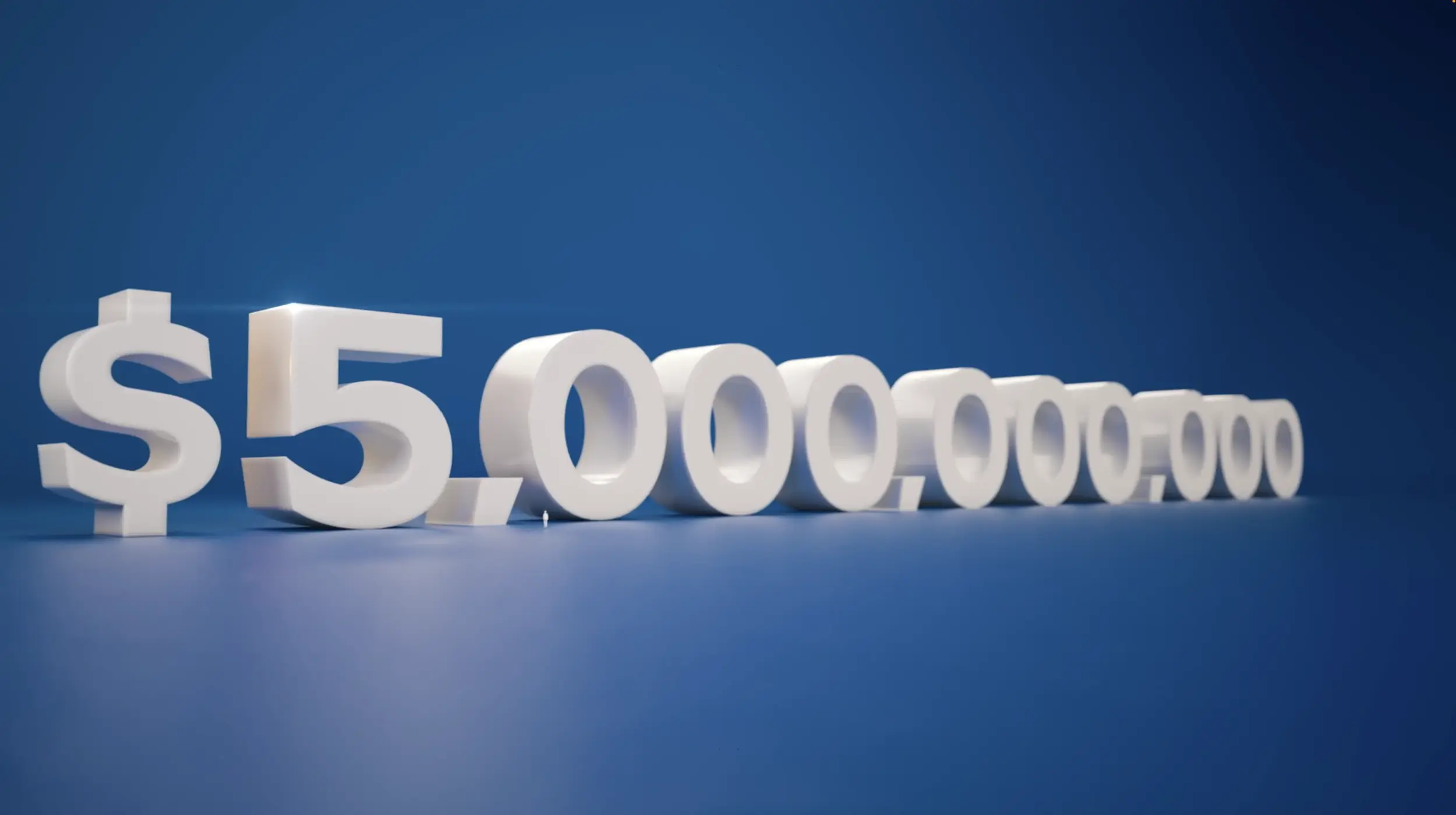 3D-rendered white “$5,000,000,000” text on a blue background illustrating ANICO’s $5 billion annuity sales in Motion Giraffx’s animated explainer video.