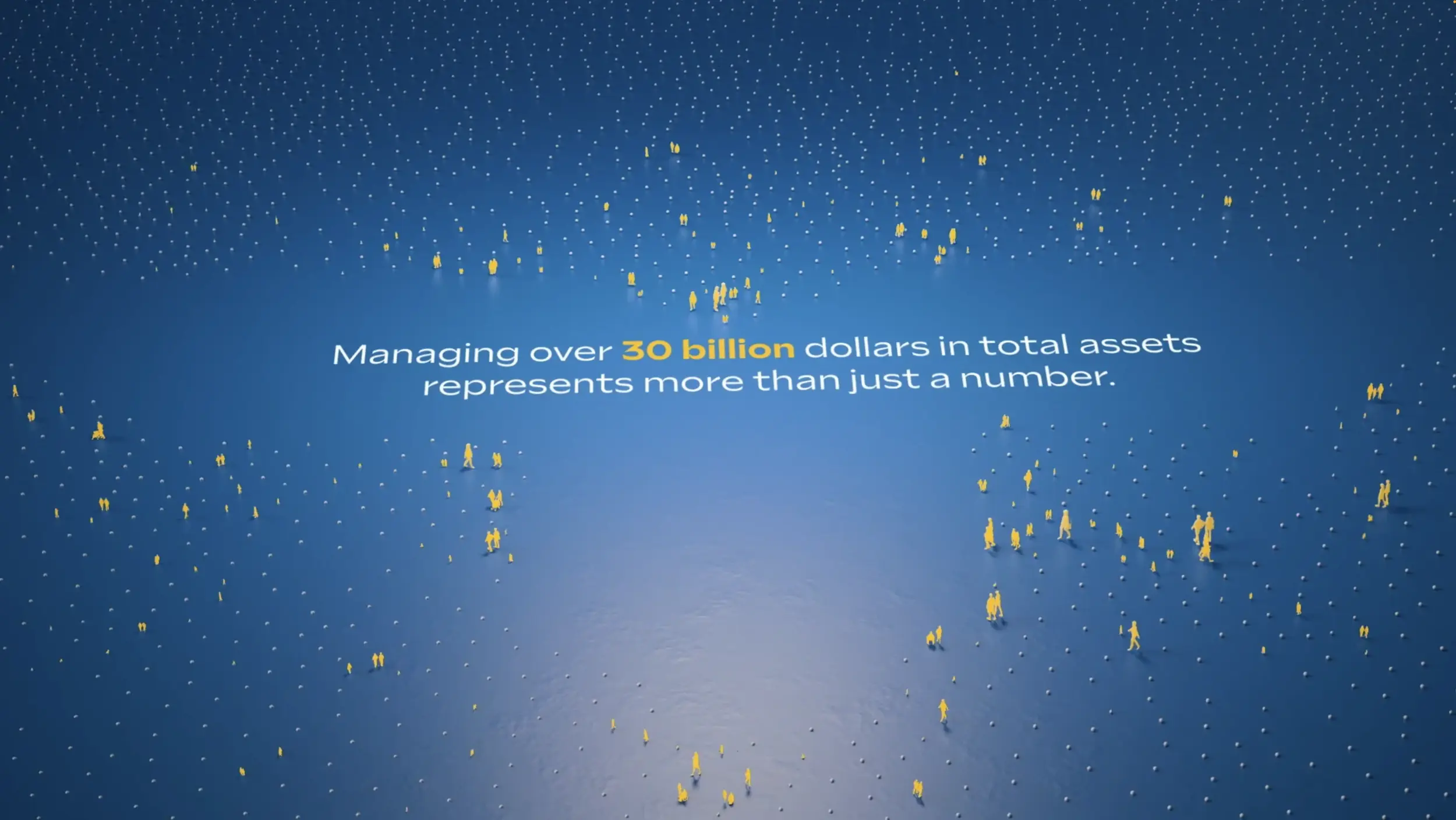 3D-rendered white text “Managing over 30 billion dollars in total assets represents more than just a number” surrounded by hundreds of tiny yellow wireframe figures on a blue background, illustrating ANICO’s asset scale in Motion Giraffx’s animated explainer video.