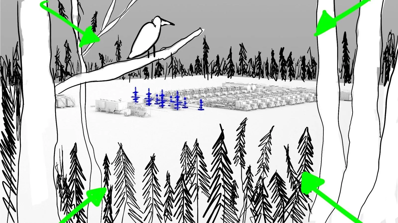 Storyboard opening frame with hand-drawn forest and bird on branch overlooking SLB frac pad in the distance by Motion Giraffx