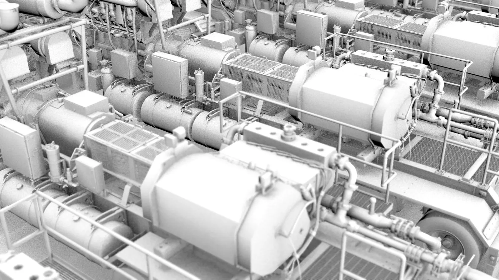 Monochrome 3D render of frac pad pump trucks and equipment in ambient occlusion pass before color isolation by Motion Giraffx