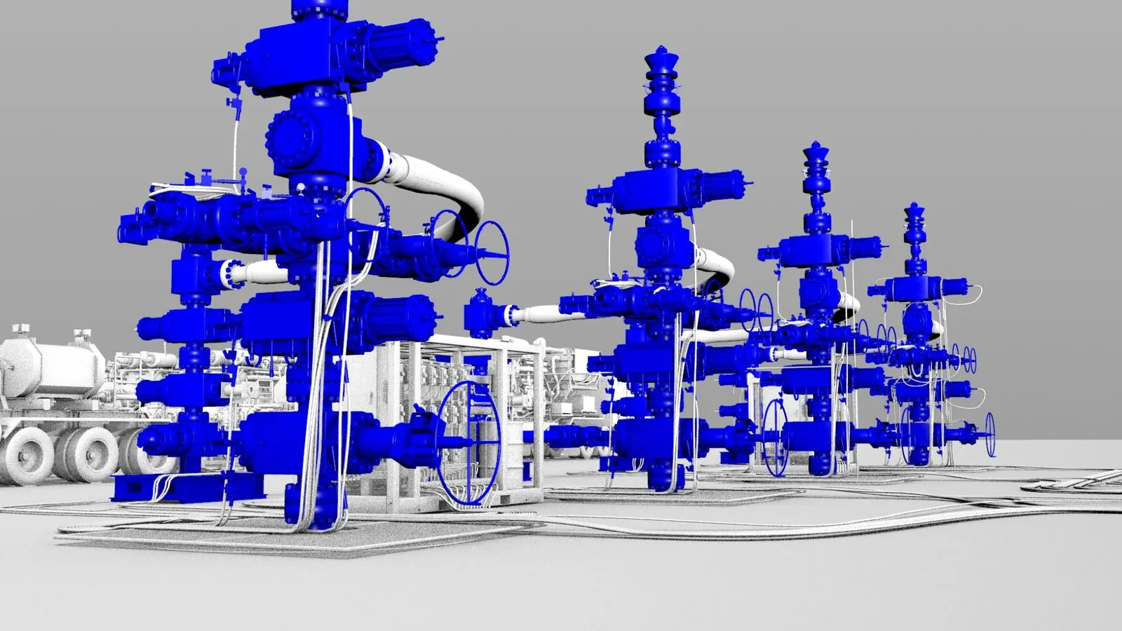 3D render of SLB Cameron blue wellhead christmas tree assemblies color-isolated against monochrome frac pad by Motion Giraffx