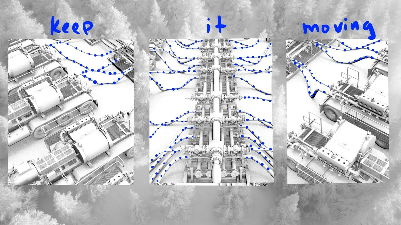 Storyboard triptych with Keep it moving text showing three views of SLB frac equipment with blue flow animation lines by Motion Giraffx