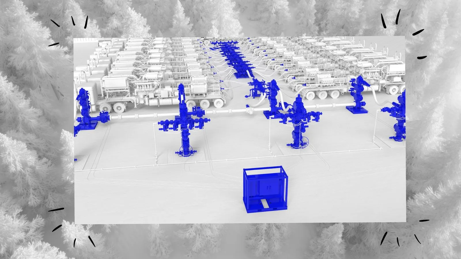 Storyboard frame showing full 3D SLB Cameron frac pad with blue equipment and hand-drawn emphasis marks in frosted forest by Motion Giraffx
