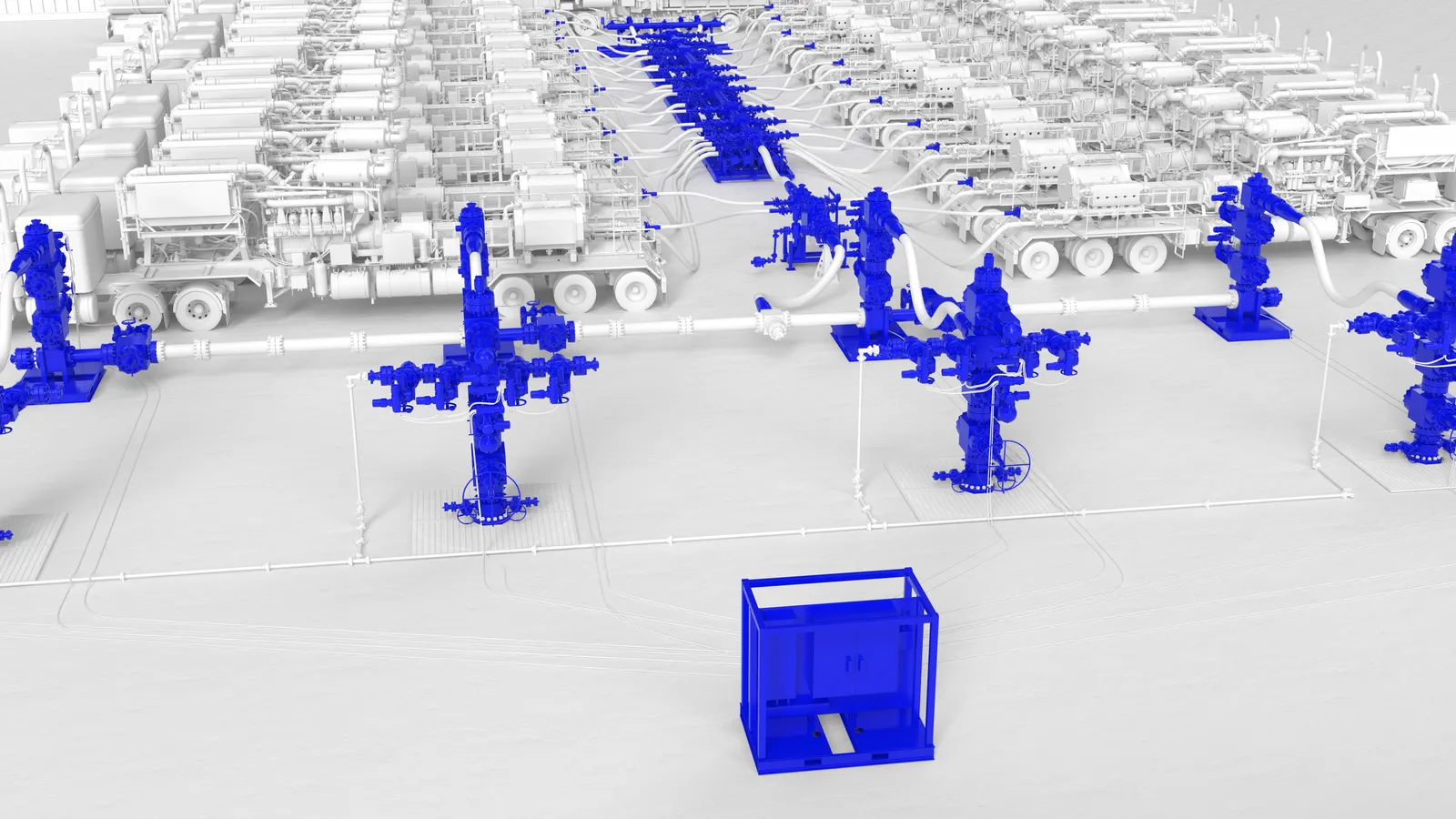 3D render of SLB Cameron frac pad overview with blue wellheads, manifolds, and central controller against white environment by Motion Giraffx