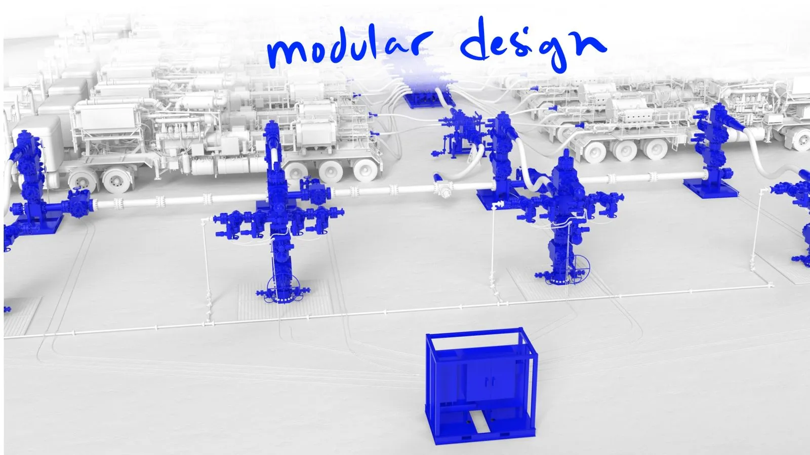 Storyboard frame with modular design annotation over 3D frac pad showing blue Cameron wellheads and piping layout by Motion Giraffx