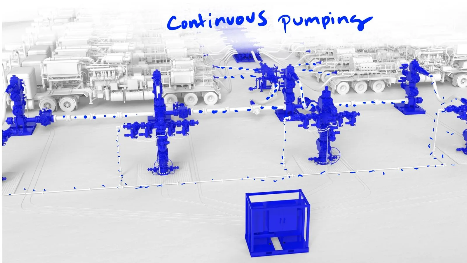 Storyboard frame with continuous pumping annotation showing blue flow paths between wellheads across SLB Cameron frac pad by Motion Giraffx