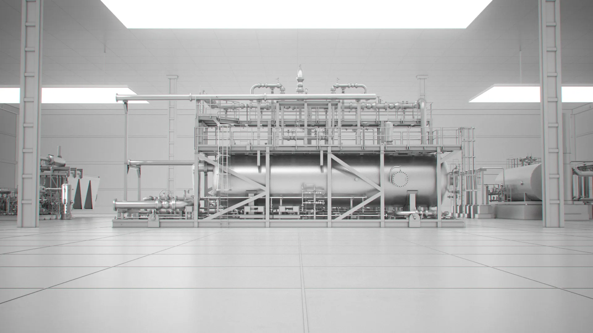 3D render of industrial processing equipment in warehouse facility for SLB OptiSite by Motion Giraffx