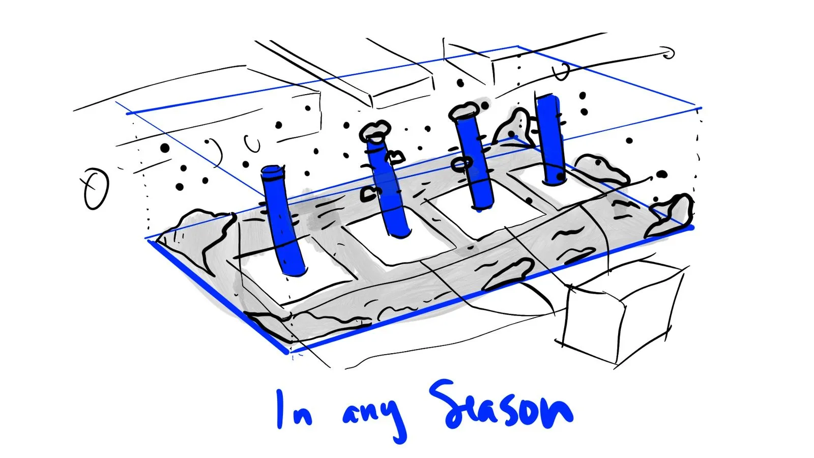 Hand-drawn storyboard frame with In any Season text showing blue wellheads on a frac pad with pipeline grid by Motion Giraffx