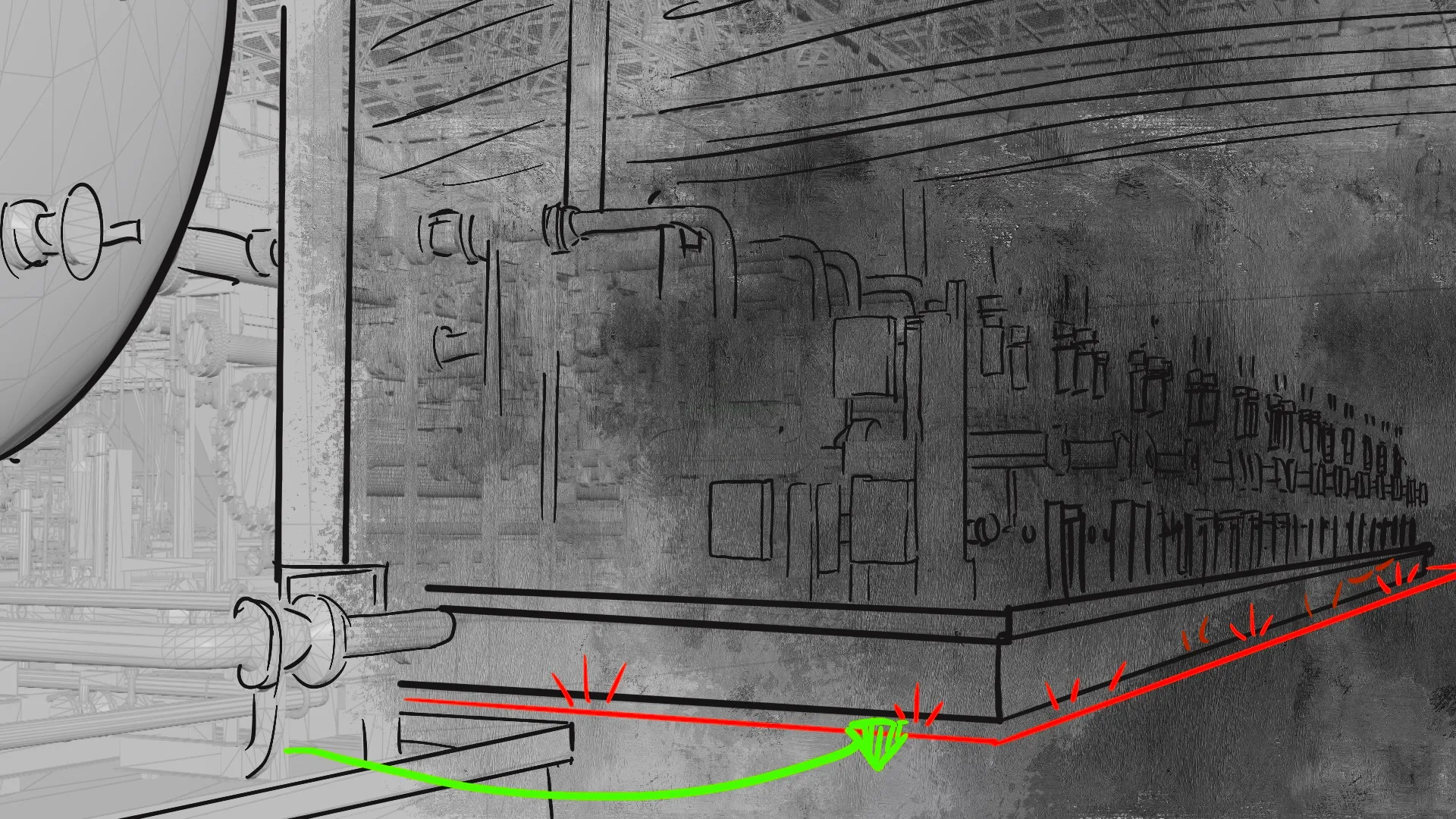Technical line art of industrial pipework with red alert paths and green solution indicators by Motion Giraffx