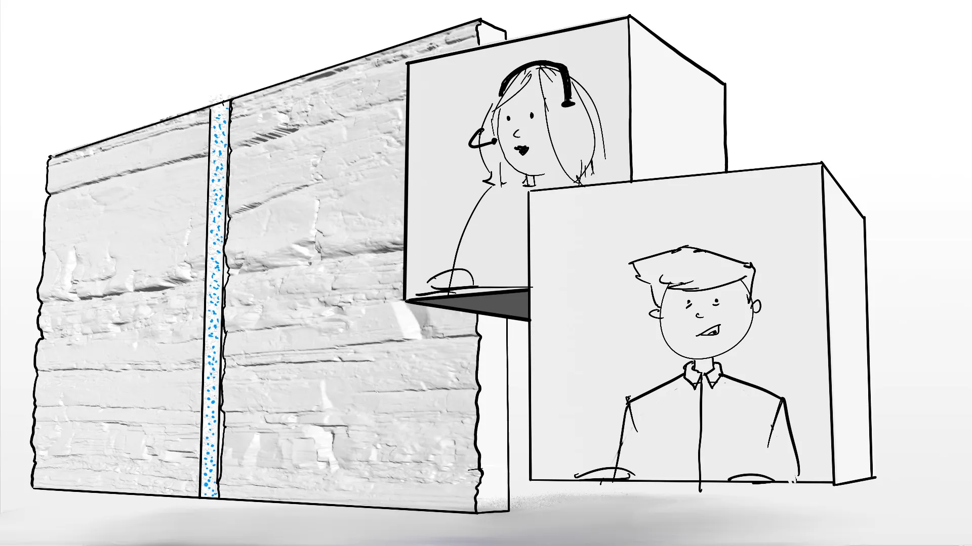 Storyboard combining 3D wellbore animation with sketched team collaboration scene by Motion Giraffx