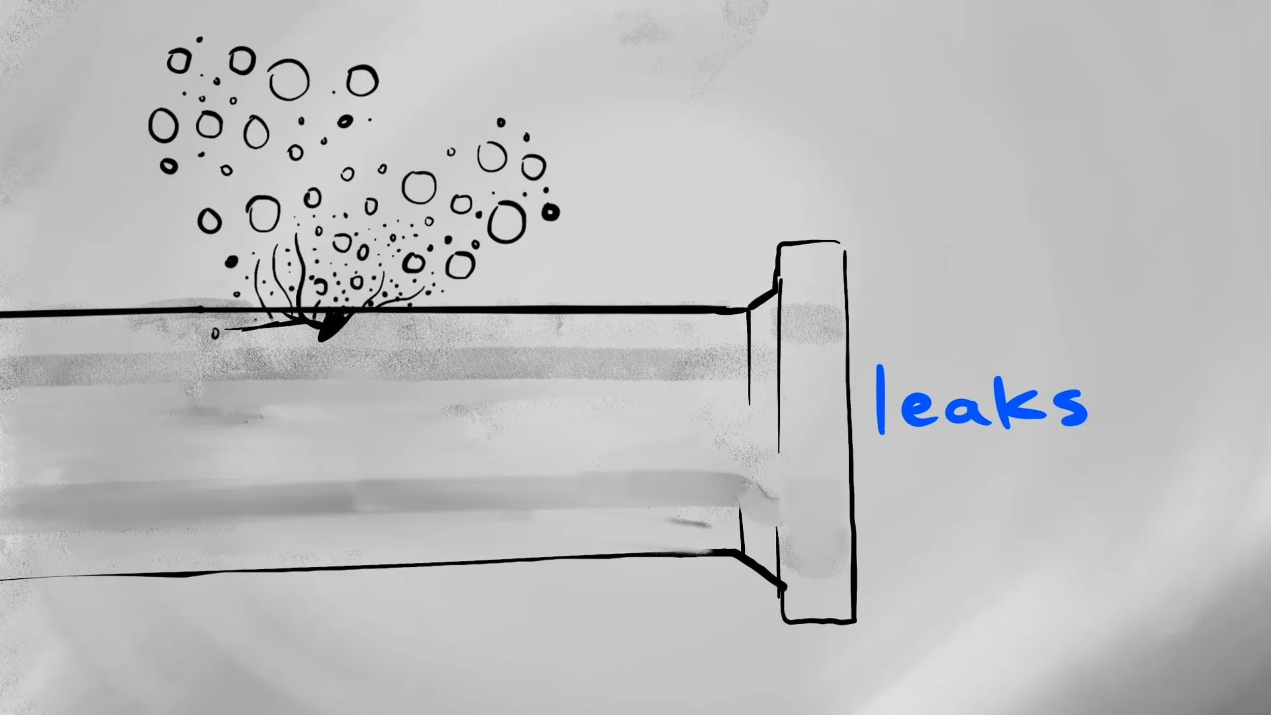 Hand-drawn pipeline segment erupting bubbles to illustrate leaks with “leaks” text overlay in blue and black ink style by Motion Giraffx.