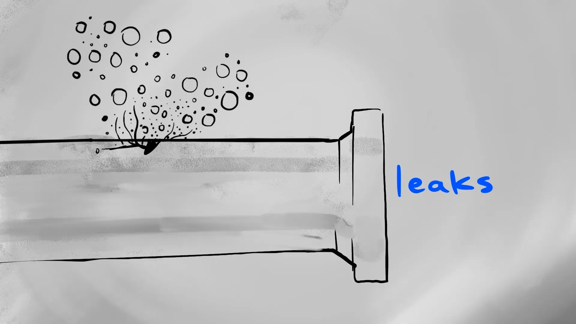 Hand-drawn pipeline segment erupting bubbles to illustrate leaks with "leaks" text overlay in blue and black ink style by Motion Giraffx.