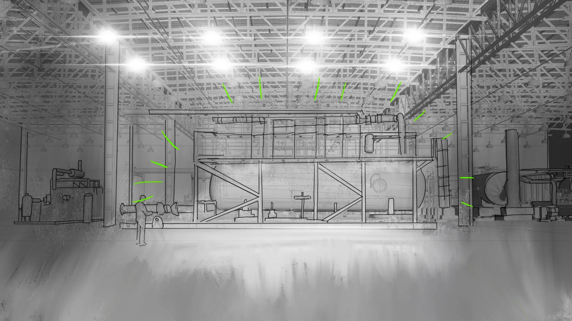 Bright illuminated warehouse interior with green arrows showing OptiSite solution deployment by Motion Giraffx
