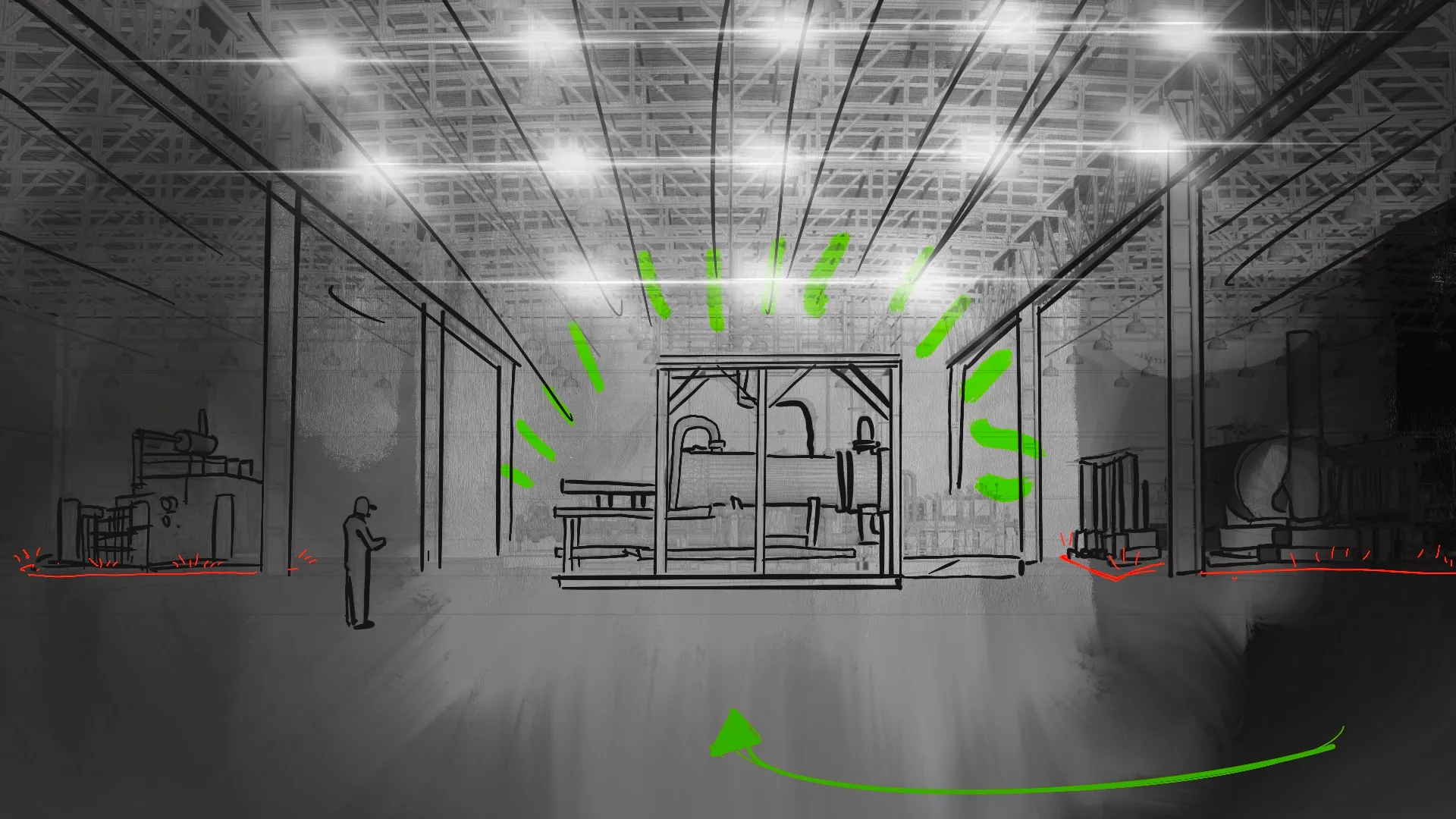 Industrial facility interior with green lighting and red alerts demonstrating problem detection by Motion Giraffx