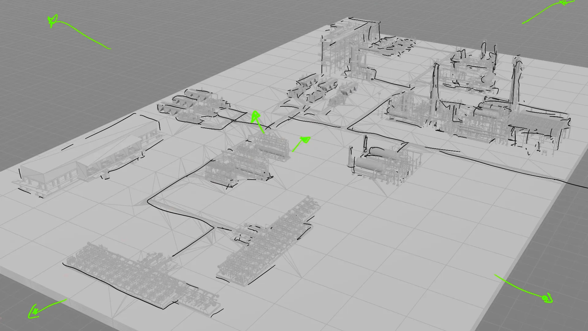 Top-down view of industrial facility layout with green monitoring arrows and equipment outlines by Motion Giraffx
