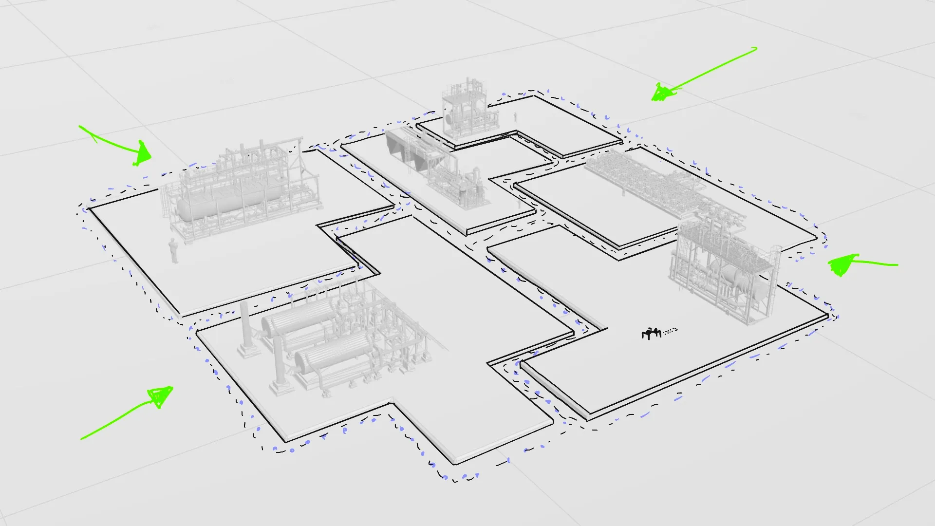 Aerial plan view showing multiple industrial facilities connected by blue monitoring perimeter by Motion Giraffx