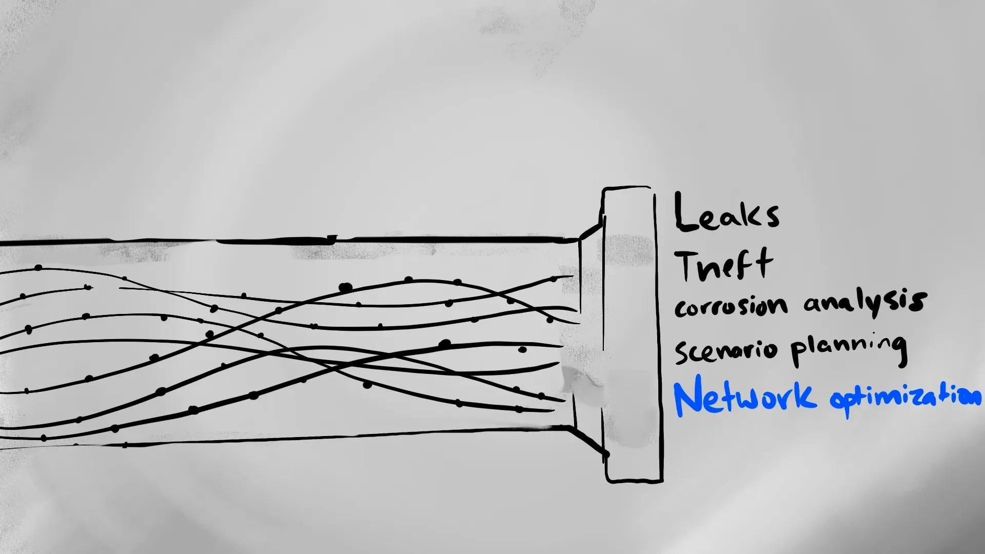 Pipeline interior threaded with multiple data streams and "Network optimization" hand-lettered label highlighting flow management by Motion Giraffx.