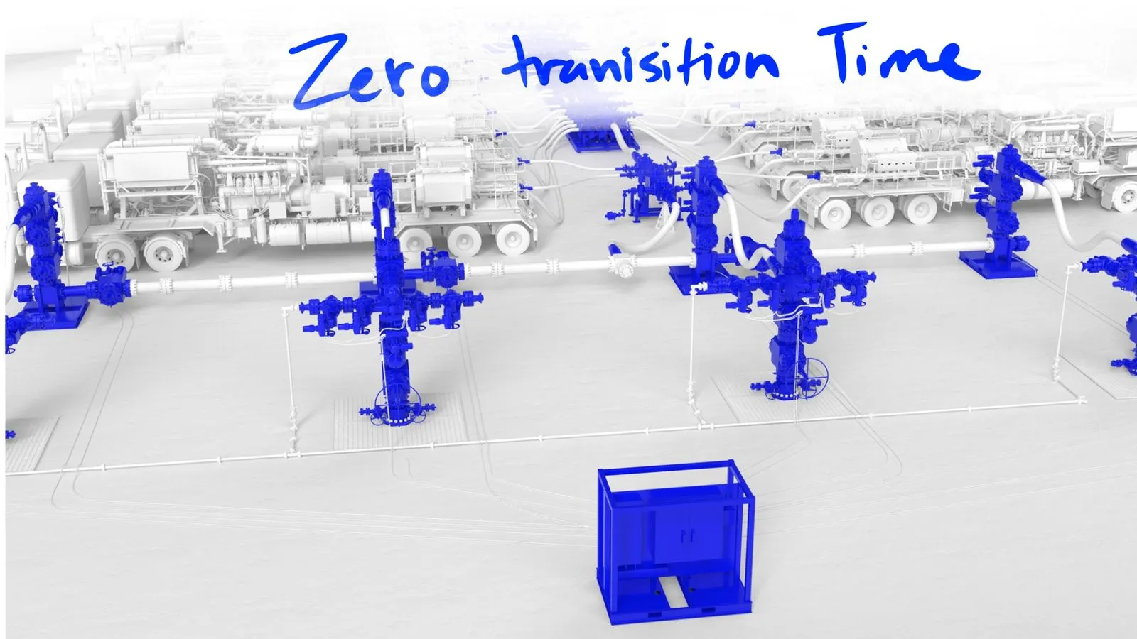 Storyboard frame with zero transition time annotation over 3D SLB Cameron frac pad with blue electric wellhead valves by Motion Giraffx