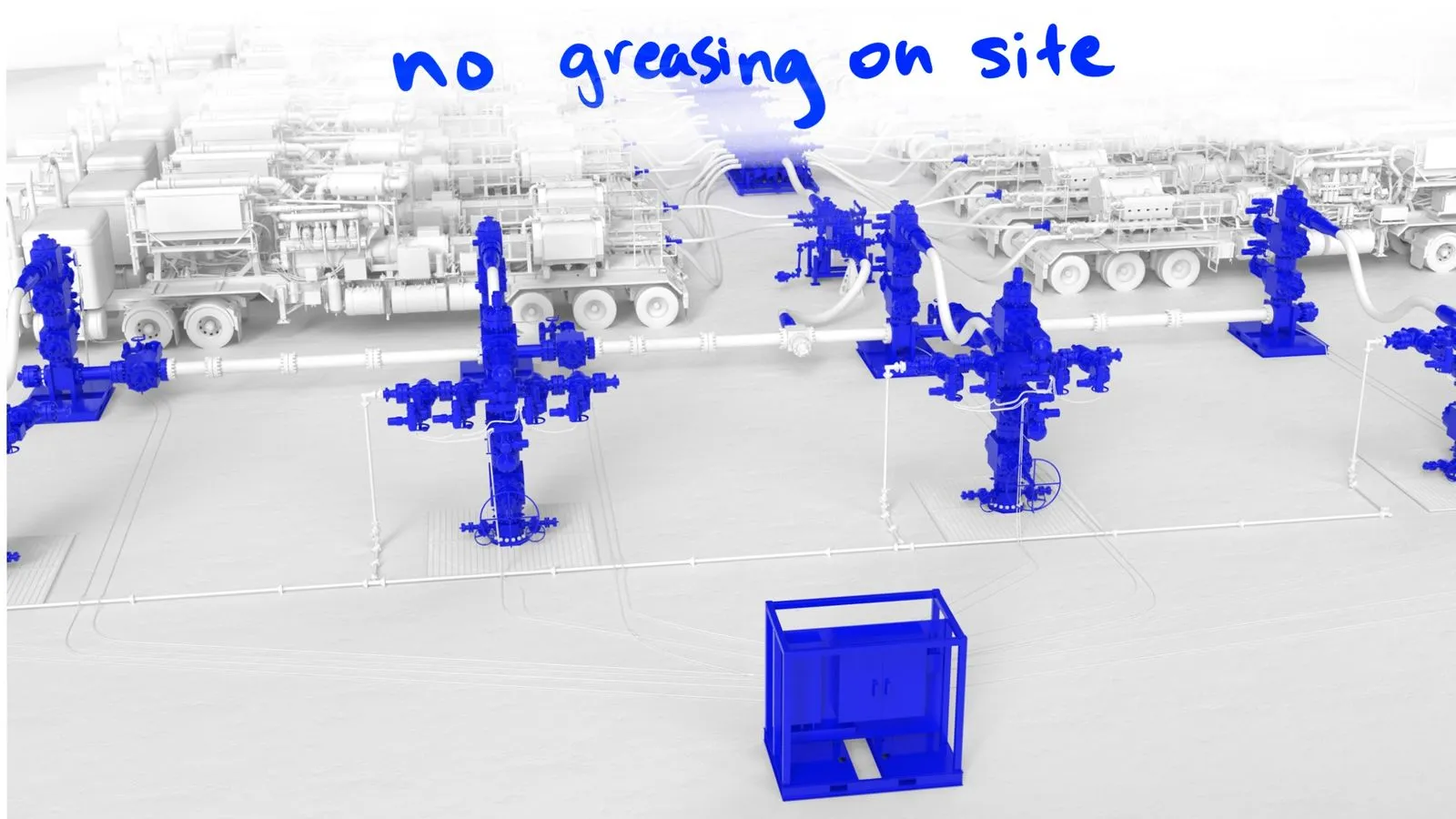 Storyboard frame with no greasing on site annotation over 3D SLB Cameron frac pad with blue electric valve assemblies by Motion Giraffx