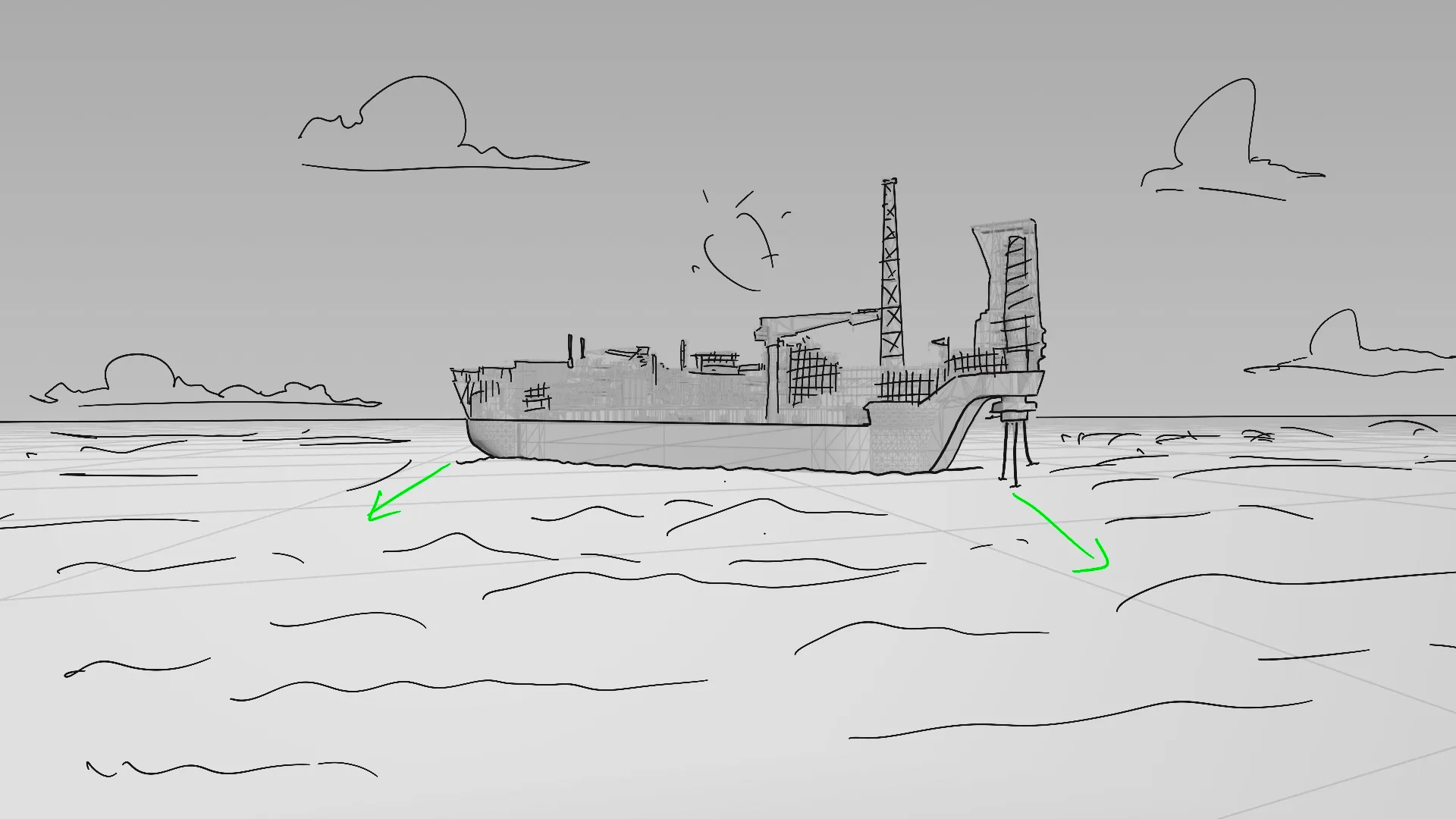 Sketch of FPSO offshore platform on ocean with green connectivity arrows for remote monitoring by Motion Giraffx