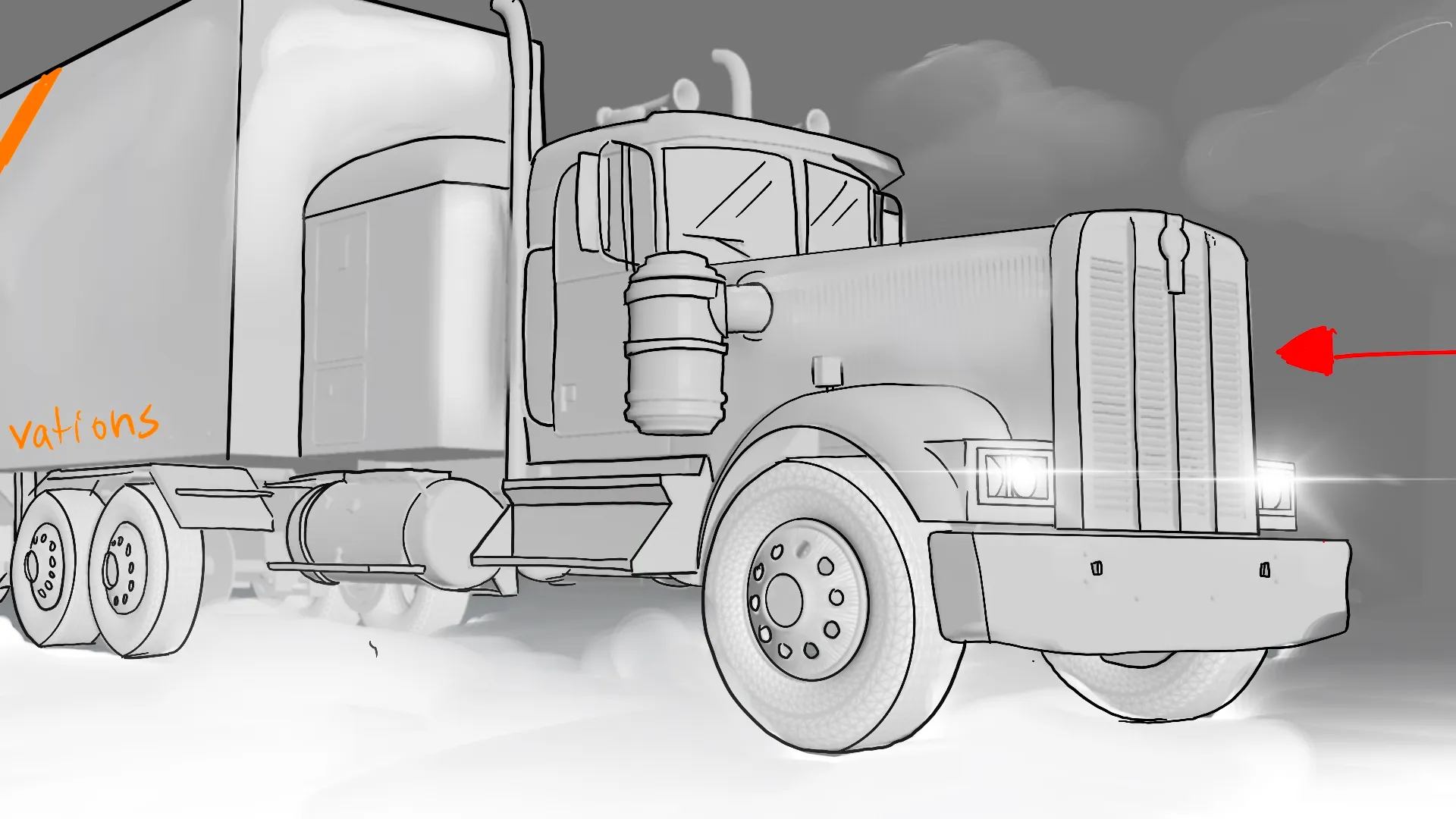 Semi-truck cab technical illustration for mobile power by Motion Giraffx