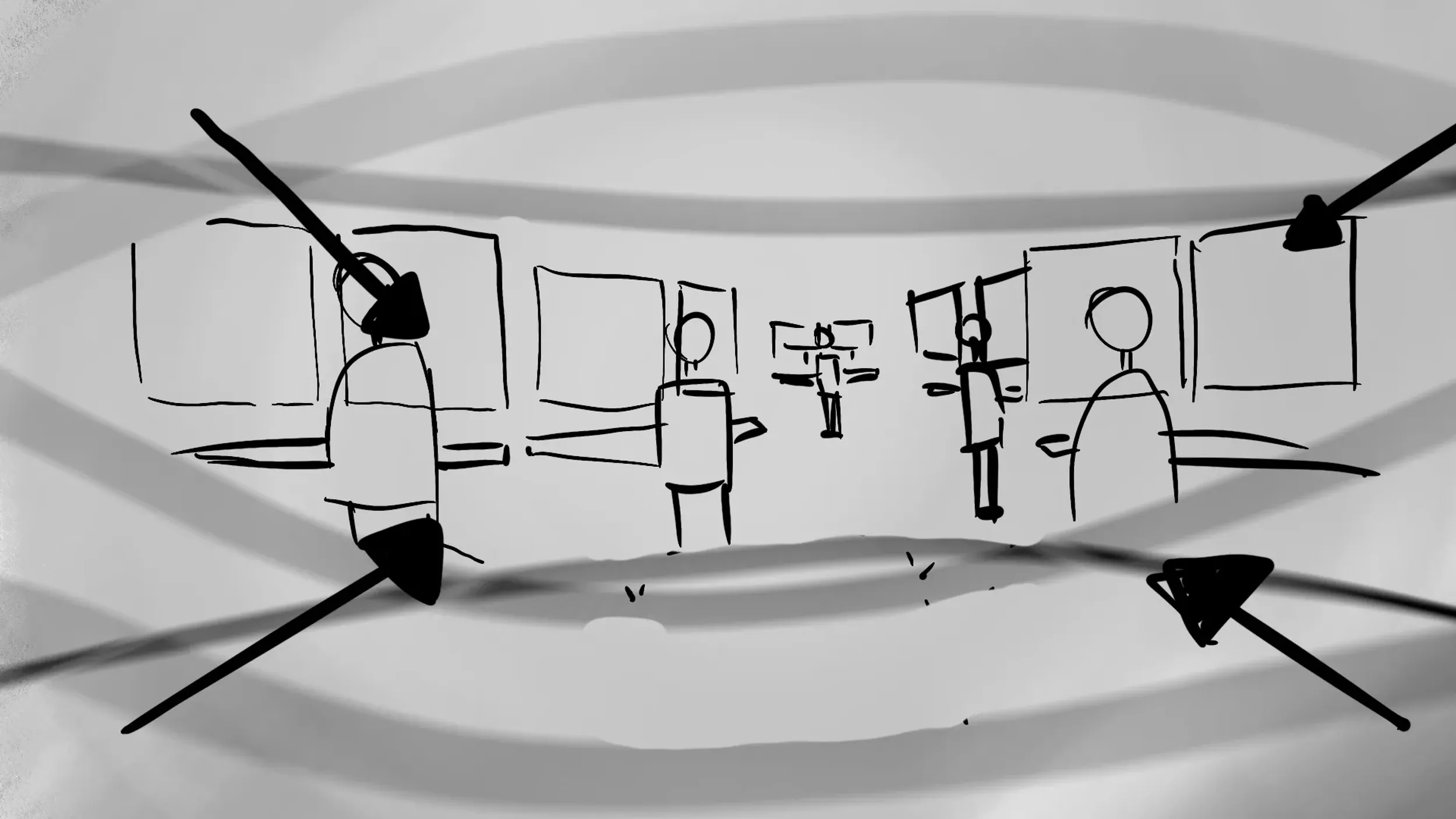 Sketch of control-room operators at monitors amid dynamic flow lines showing real-time pipeline monitoring and remote operations by Motion Giraffx.
