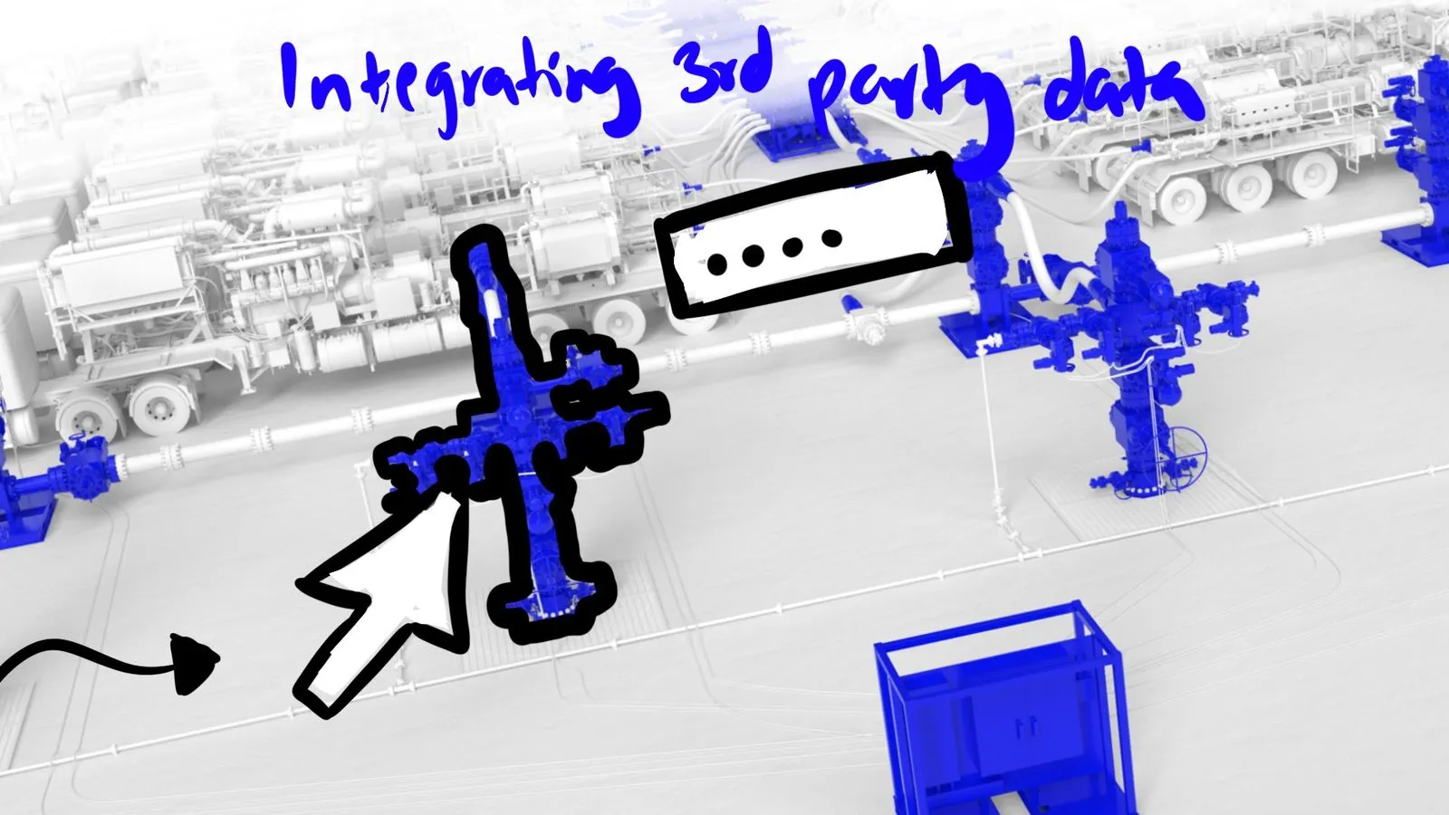 Storyboard frame with integrating 3rd party data text showing cursor selecting wellhead with data tooltip on SLB frac pad by Motion Giraffx