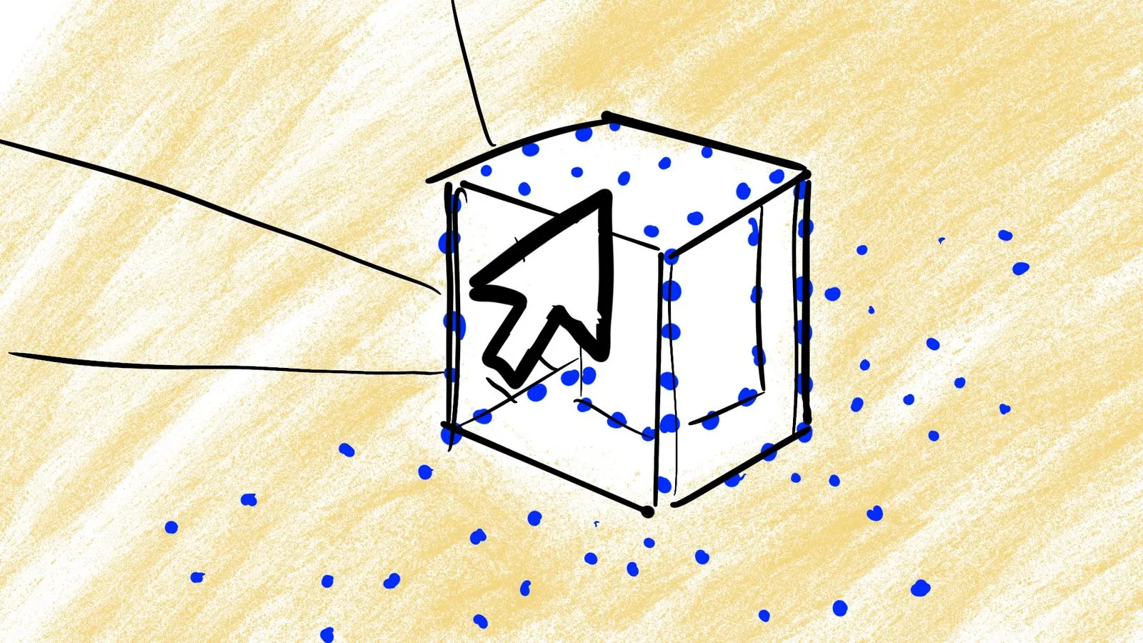 Hand-drawn storyboard frame showing transparent valve cutaway with blue sand particles and cursor interaction by Motion Giraffx