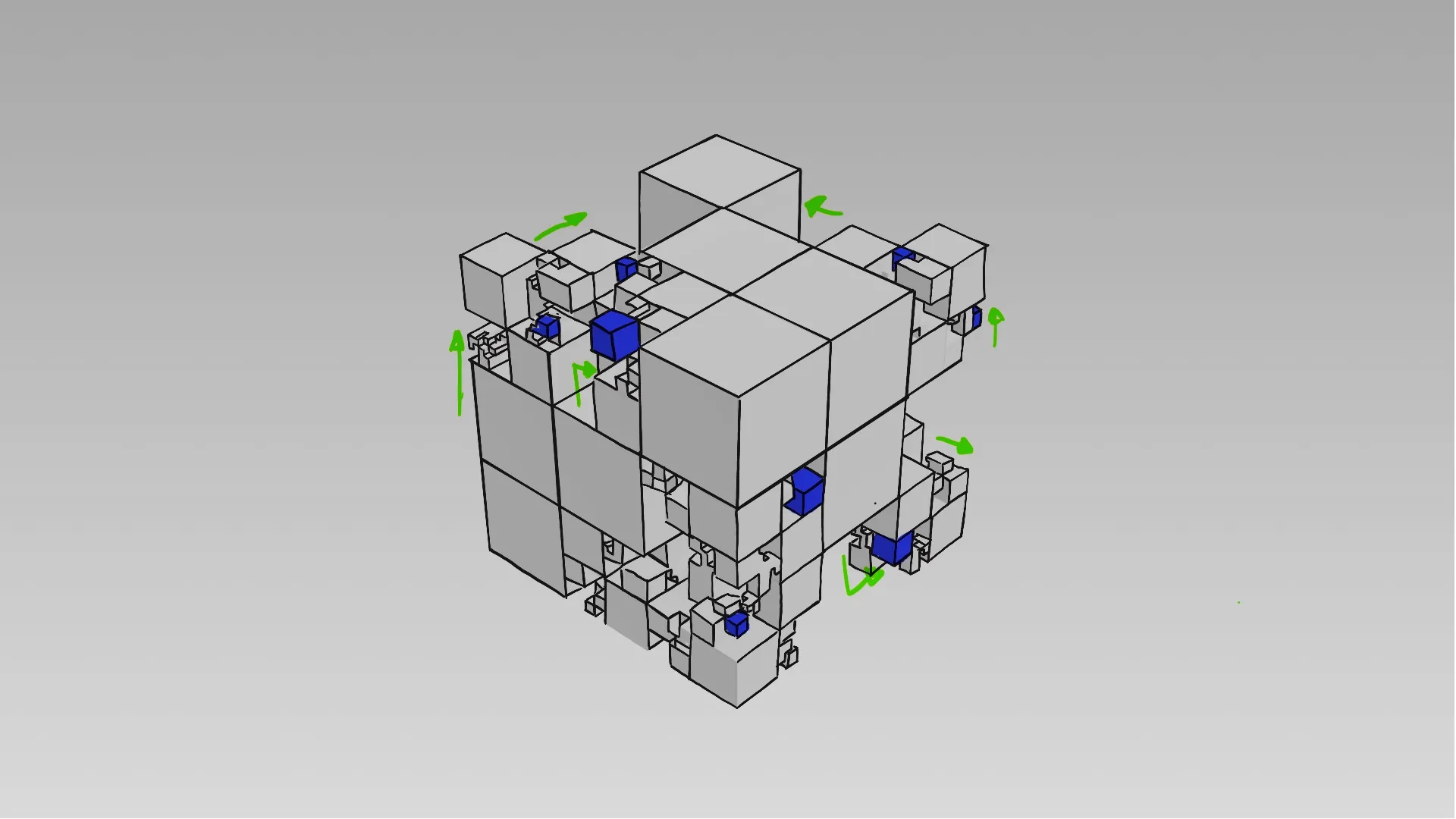 3D wireframe cube structure with blue sections and green arrows showing modular data architecture by Motion Giraffx