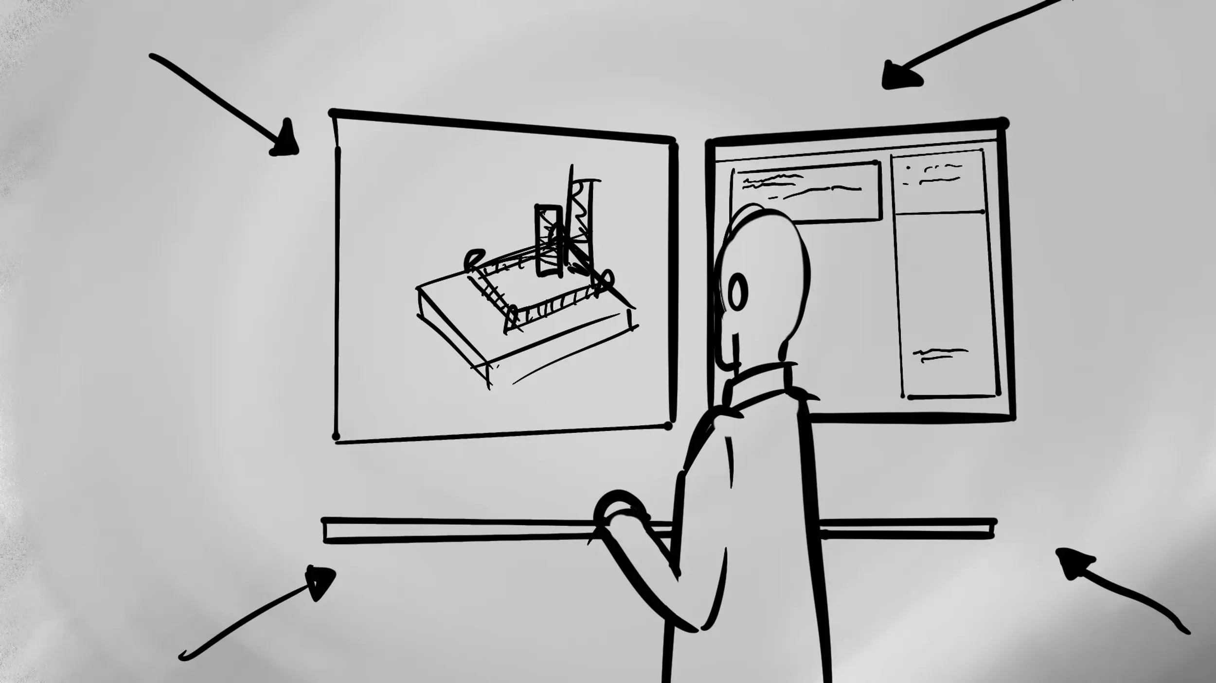 Storyboard of a 3D drilling-pad model on one screen and dashboard analytics on another, viewed by an operator in an operations center by Motion Giraffx.