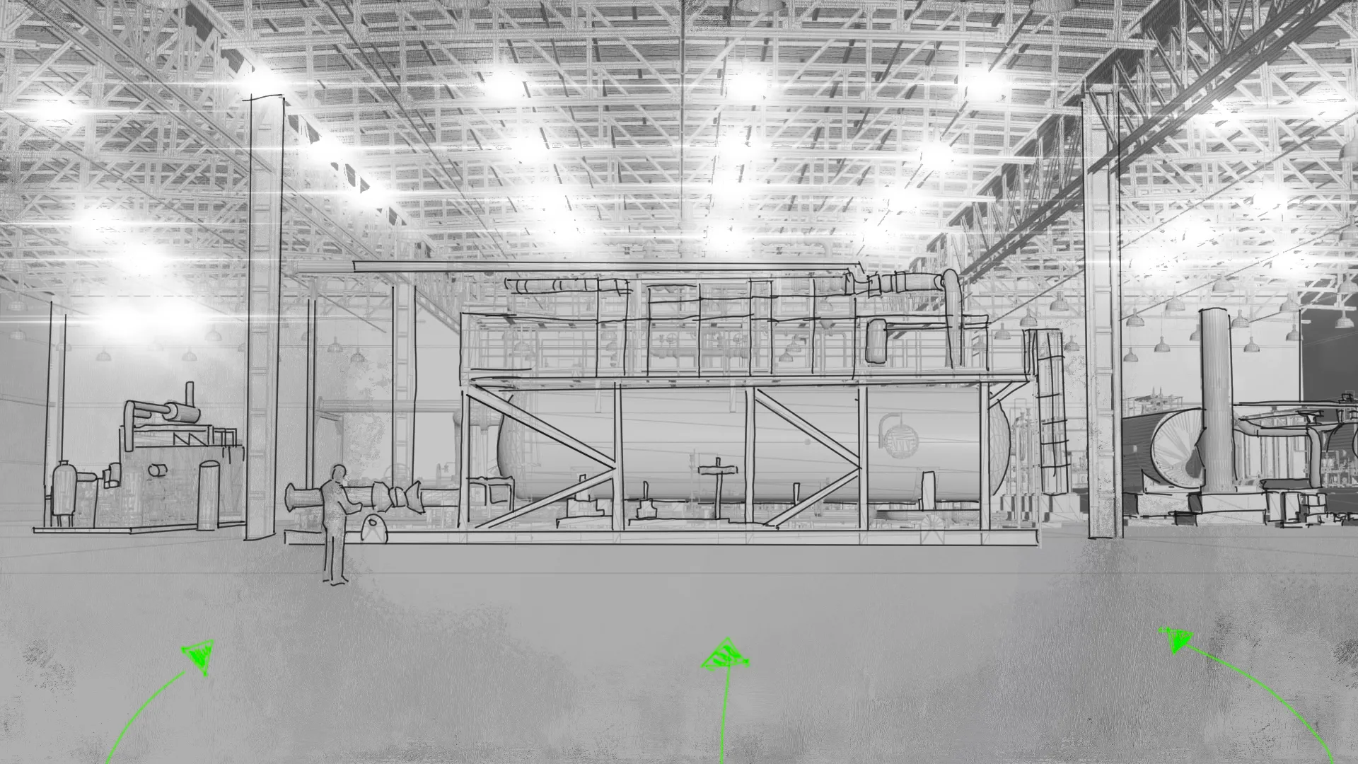 Technical line drawing of industrial equipment with green motion tracking arrows by Motion Giraffx