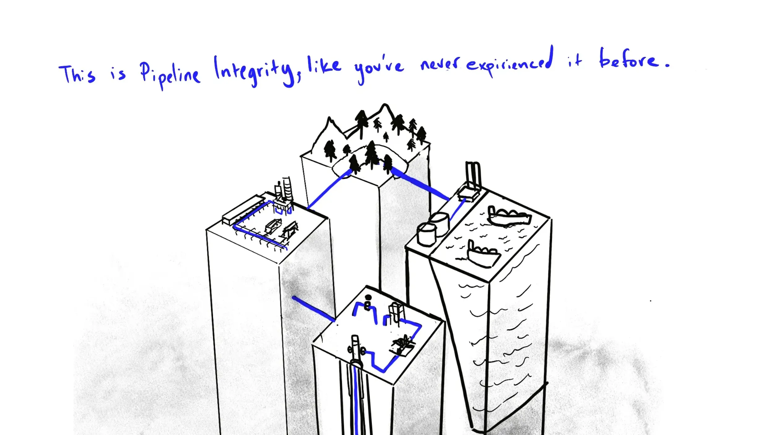 Stylized cityscape of block buildings connected by blue pipeline lines with caption “This is Pipeline Integrity, like you’ve never experienced it before.” by Motion Giraffx.