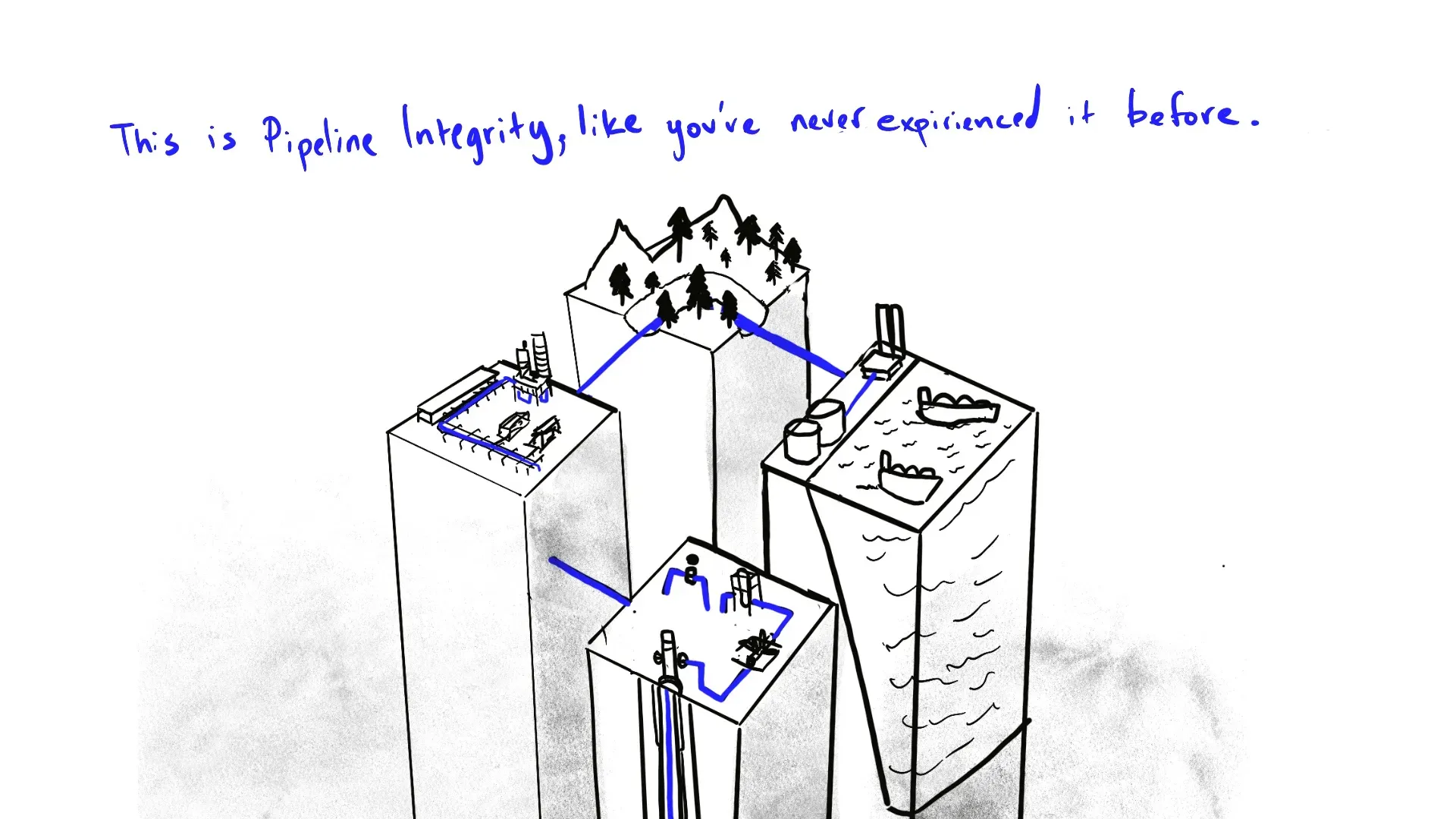 Stylized cityscape of block buildings connected by blue pipeline lines with caption "This is Pipeline Integrity, like you've never experienced it before." by Motion Giraffx.