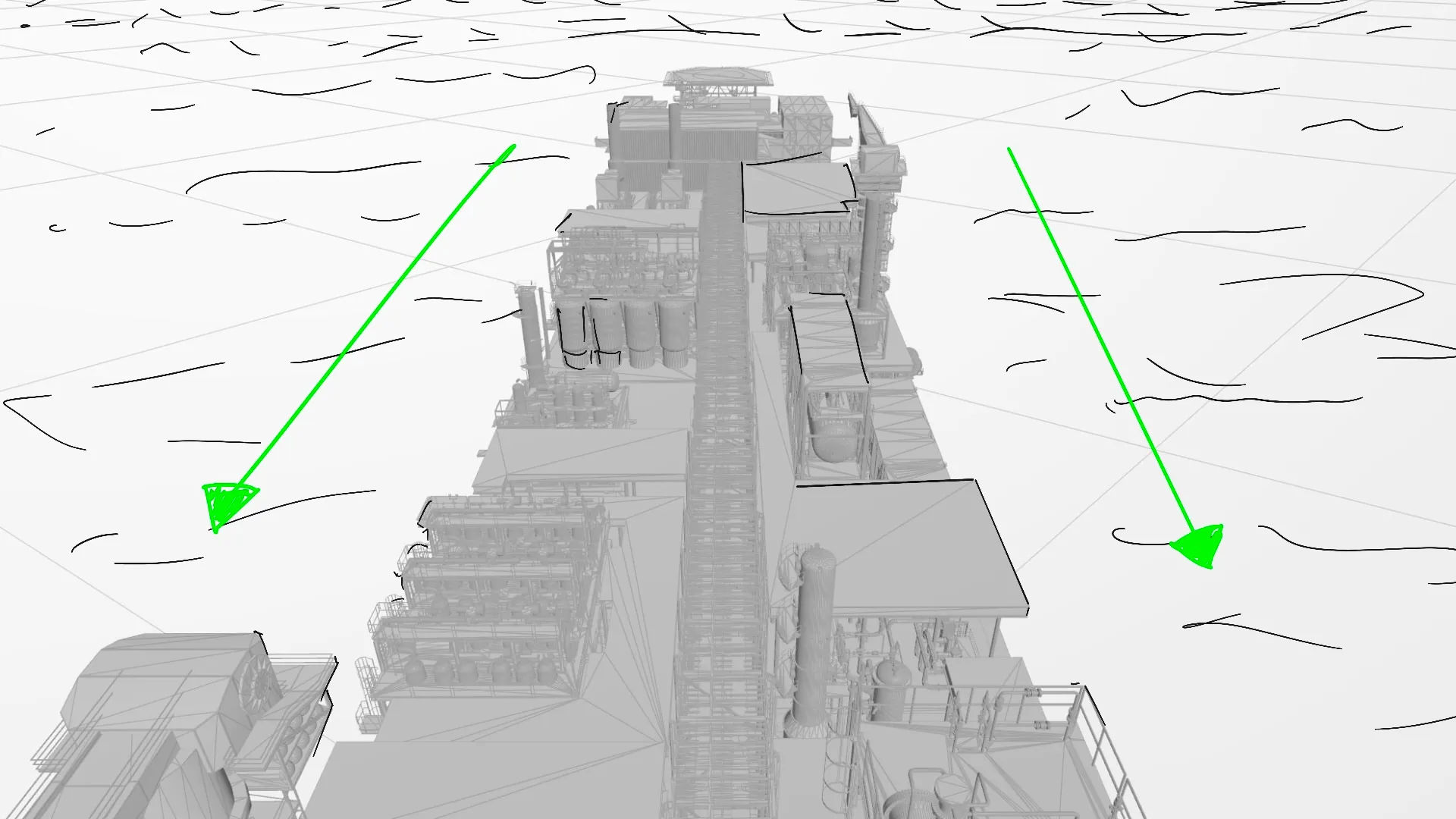 Offshore FPSO platform aerial view with green tracking arrows indicating remote asset monitoring by Motion Giraffx