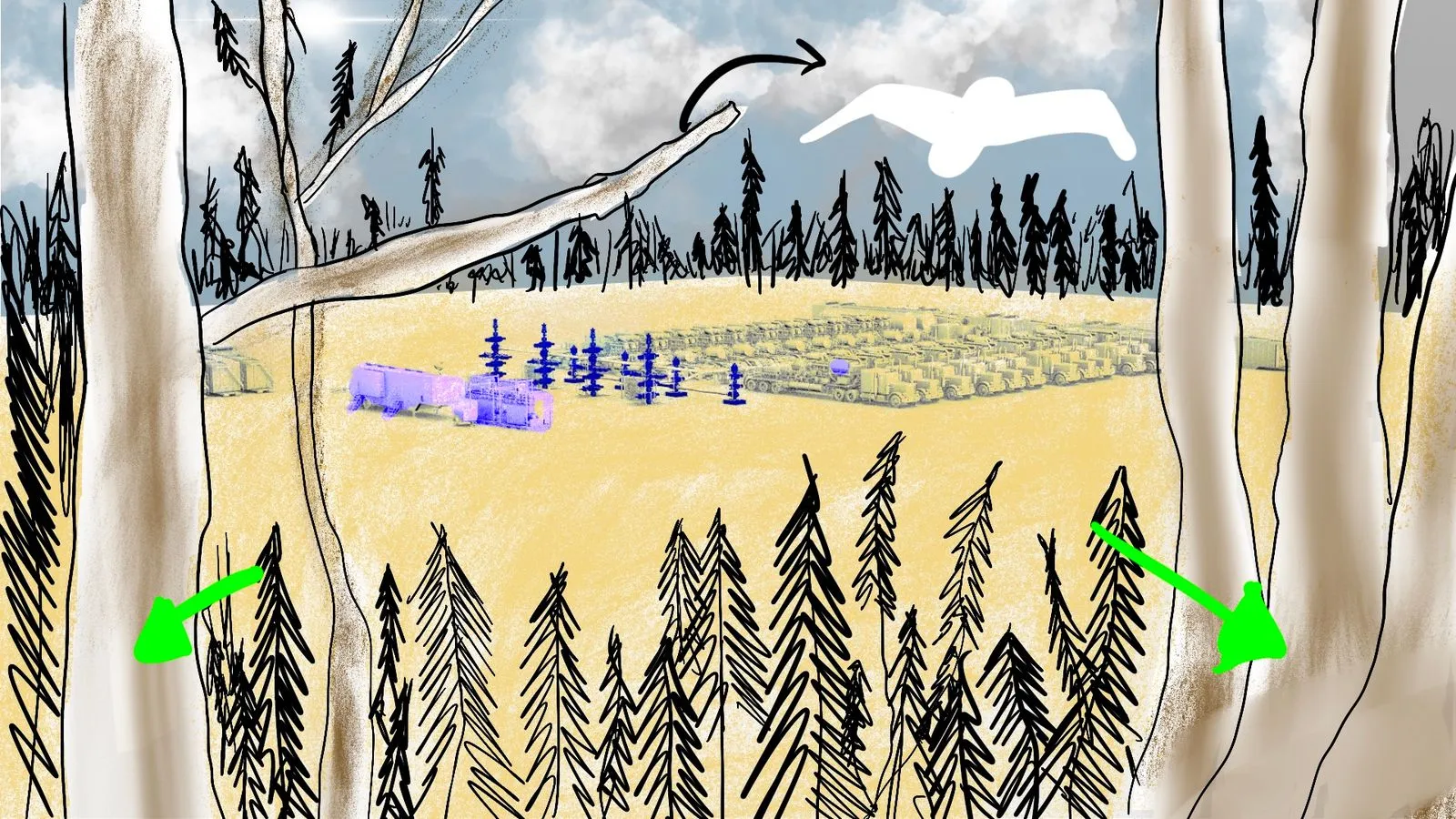 Storyboard alternate opening frame with hand-drawn warm-toned forest and bird on branch overlooking SLB frac pad by Motion Giraffx
