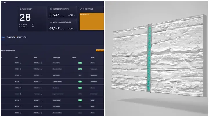 Split screen showing digital planning interface with production data and 3D wellbore visualization by Motion Giraffx
