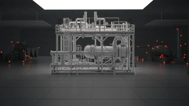 Industrial equipment with red alert indicators showing unmonitored assets in SLB OptiSite animation by Motion Giraffx