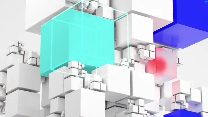 Abstract 3D data cubes with cyan and blue colors representing asset monitoring network by Motion Giraffx