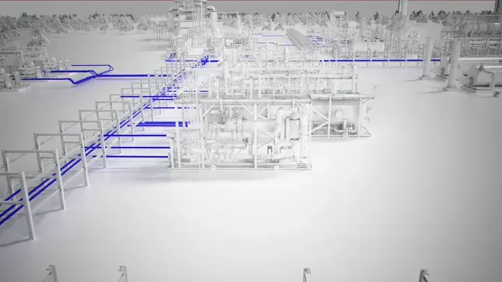 White minimalist industrial facility with blue pipeline connections showing SLB OptiSite monitoring network by Motion Giraffx