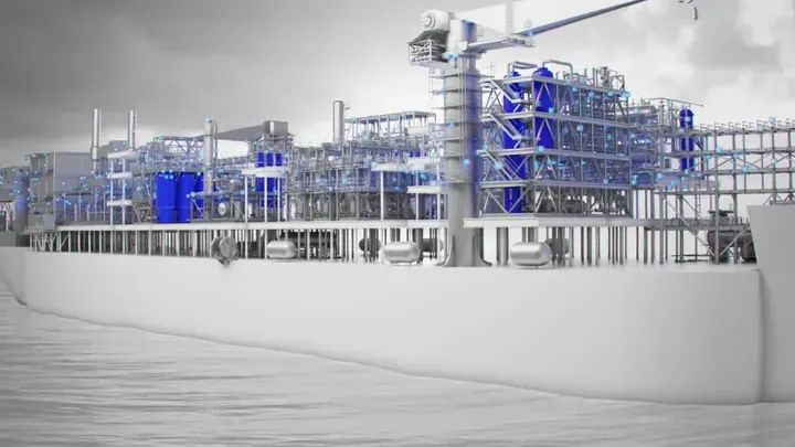 FPSO offshore platform with blue structural highlights demonstrating asset performance monitoring by Motion Giraffx