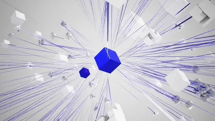 Abstract blue data cubes with radiating connection lines visualizing OptiSite network architecture by Motion Giraffx