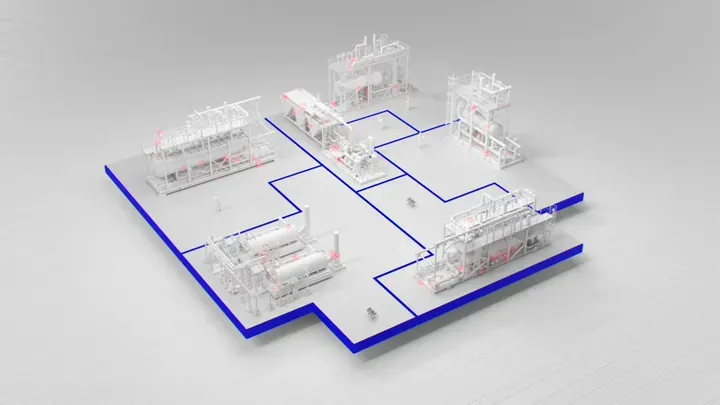 Four industrial facilities connected by blue monitoring network showing integrated SLB OptiSite solution by Motion Giraffx
