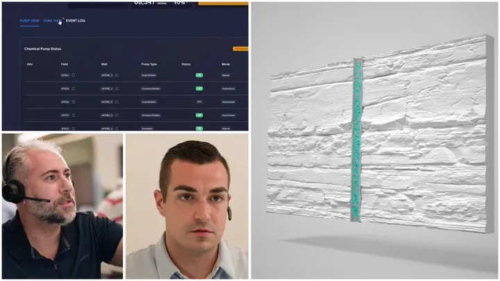 Hybrid composition showing pump status data, 3D wellbore visualization, and SLB engineer portraits by Motion Giraffx