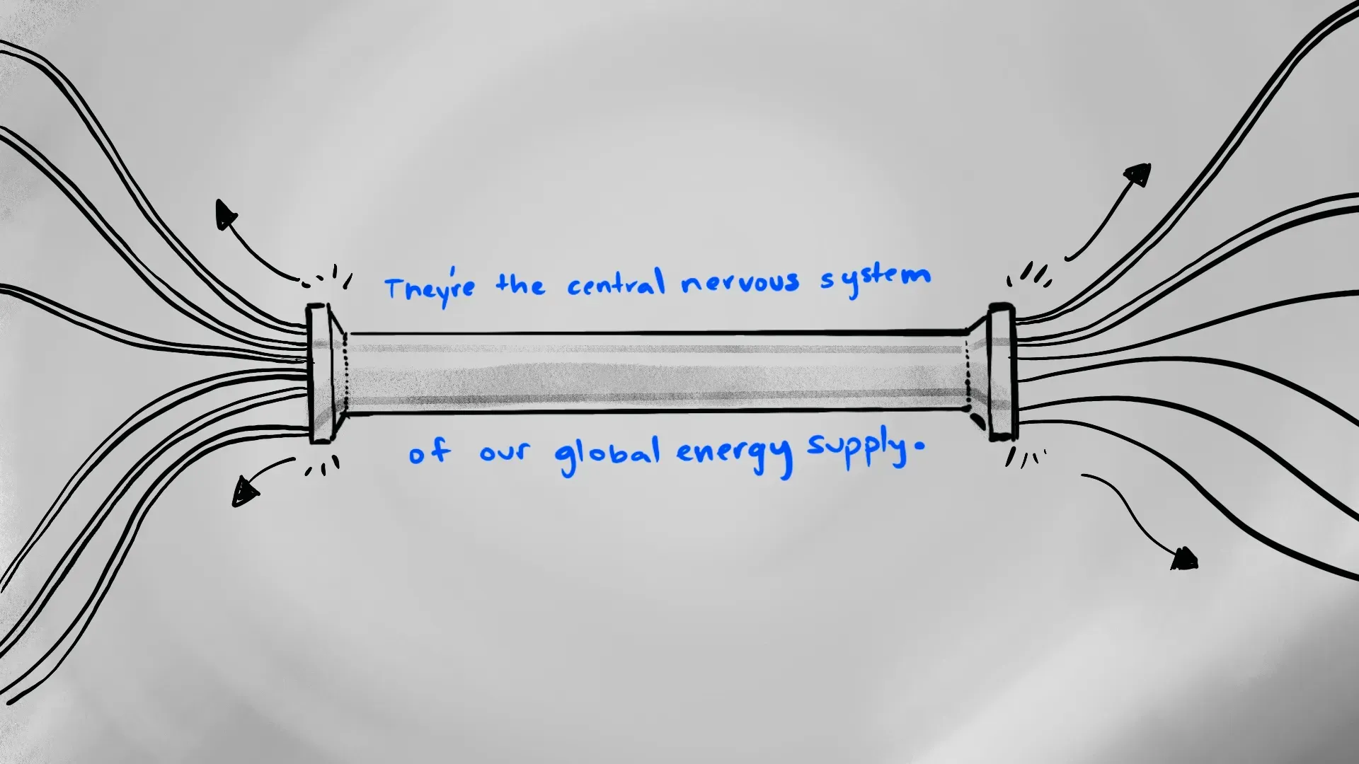 3D pipeline with branching data streams and caption "They're the central nervous system of our global energy supply," by Motion Giraffx.