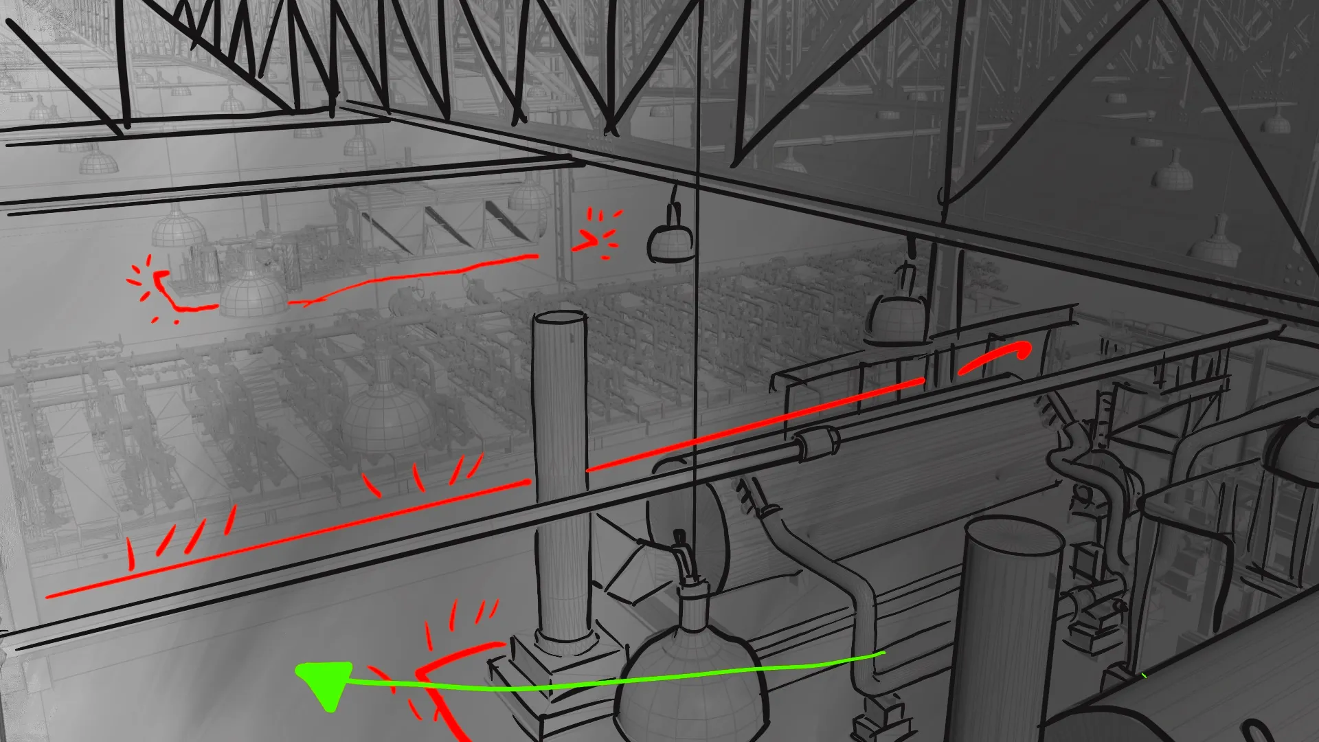 Wireframe sketch of industrial separator equipment with directional indicators showing data flow by Motion Giraffx