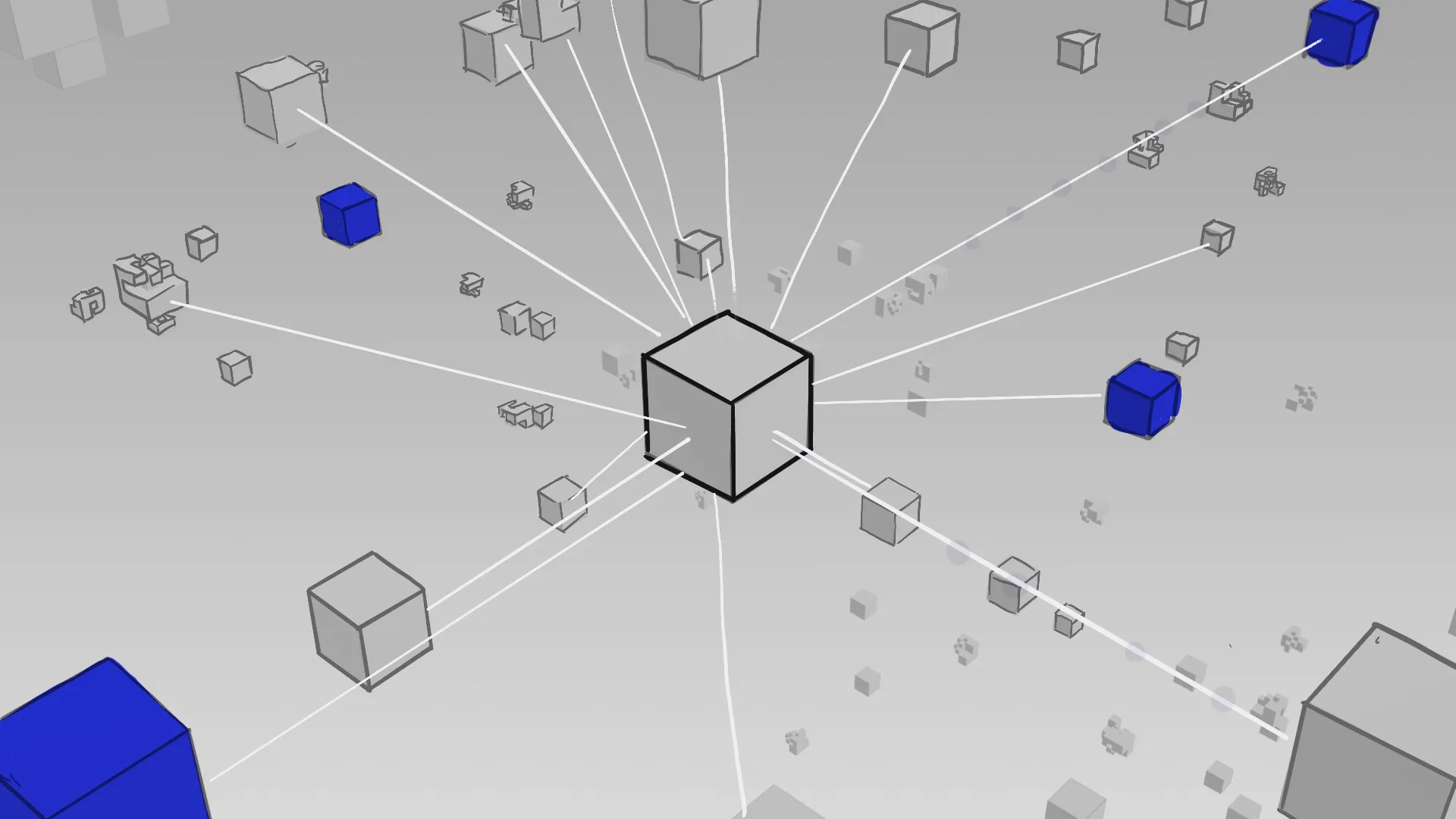 3D animated data network with blue cubes and white connection lines radiating from central hub by Motion Giraffx
