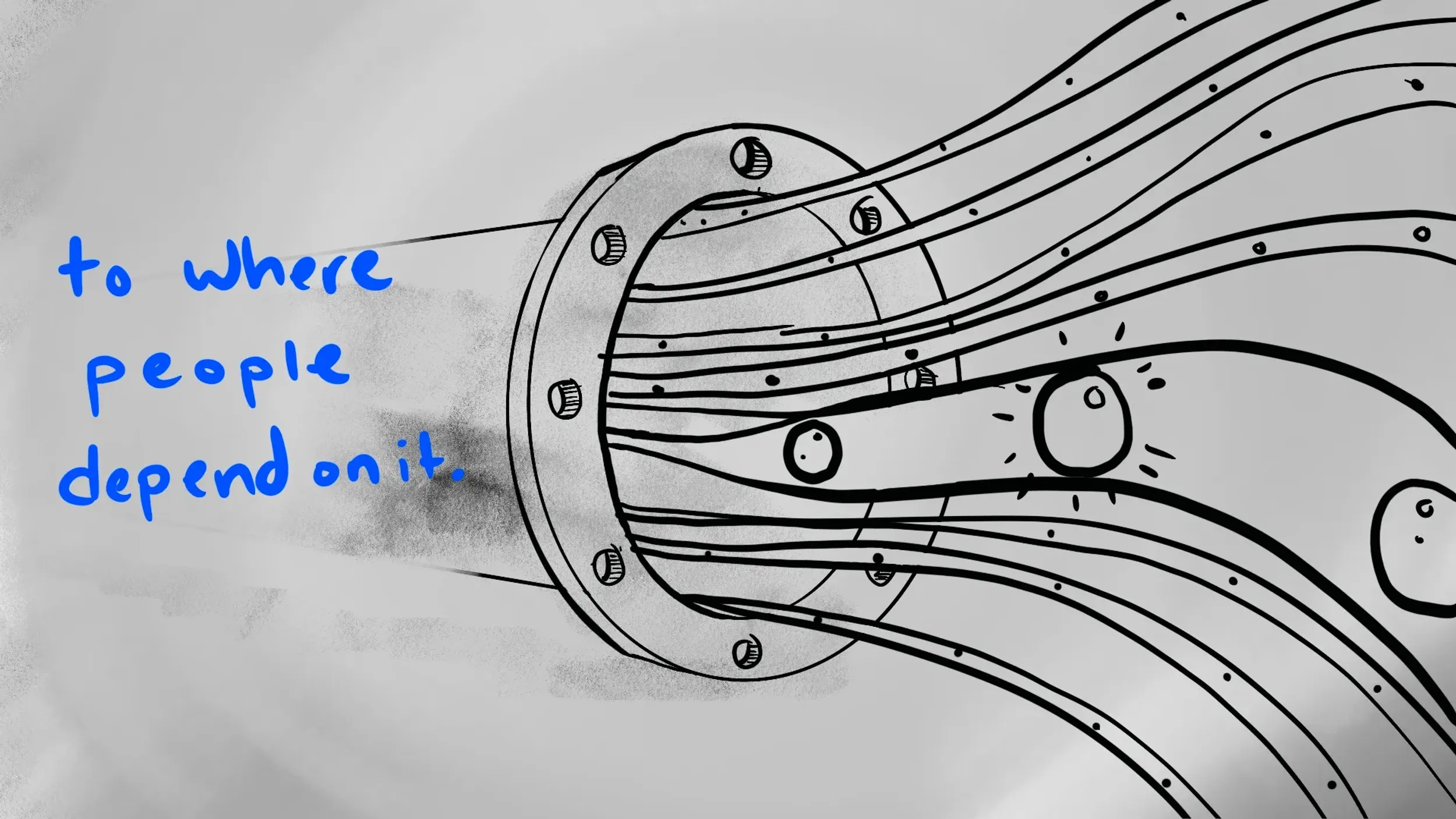 Animated pipeline outflow with multiplexed flow lines and text “to where people depend on it,” demonstrating network delivery by Motion Giraffx.