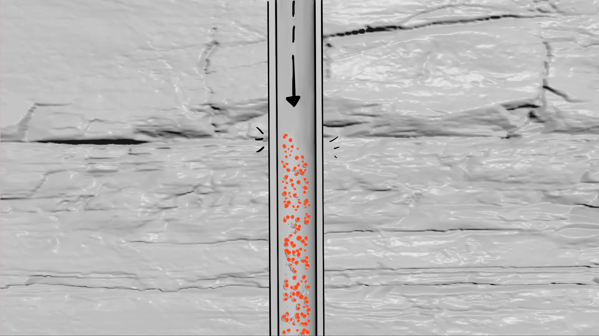 Storyboard diagram of wellbore cross-section with red oil particles flowing downward by Motion Giraffx