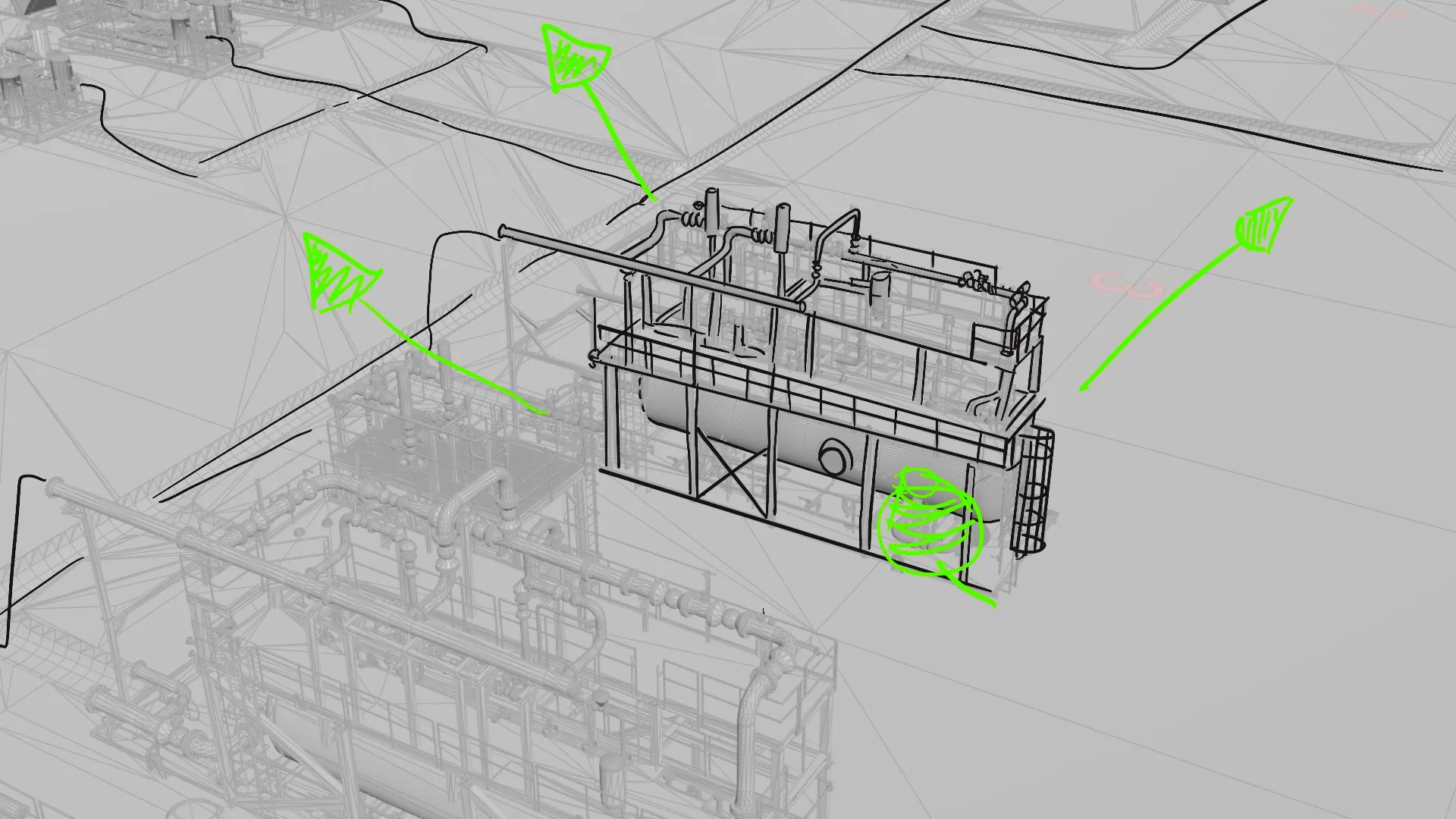Wireframe industrial equipment with green tracking arrows showing asset monitoring pathways by Motion Giraffx